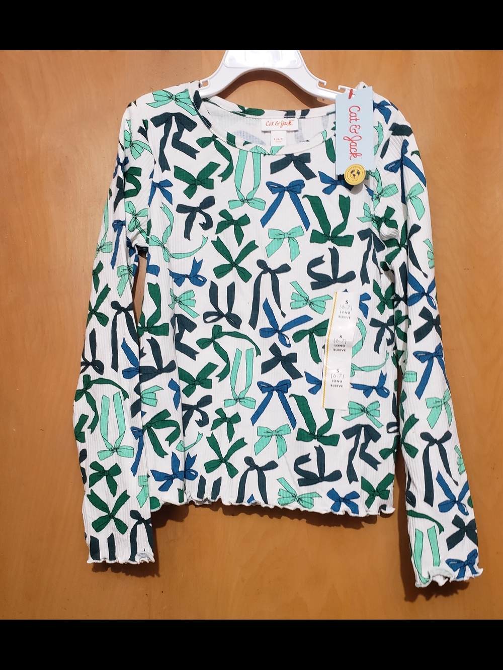 Cat & Jack White Ribbed Long-Sleeve Top with Blue and Green Bow Print